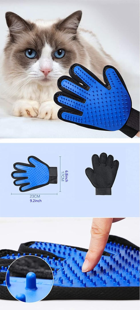 Pet Grooming Gloves - Deshedding & Hair Remover Mitts for Bathing Dogs, Cats, Rabbits, Horses (Blue) - 1 Pair Left &