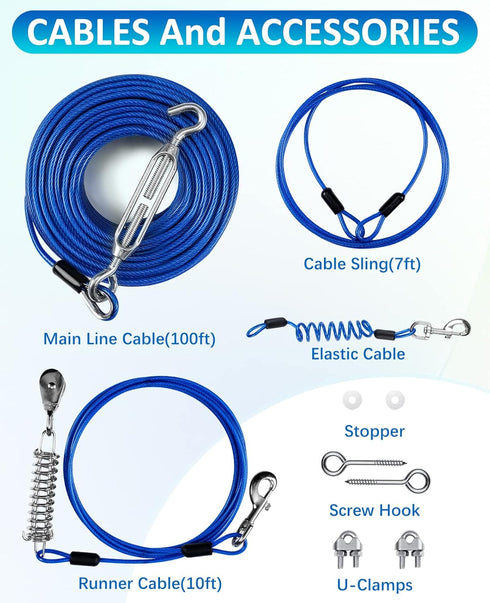 Upgraded Dog Runner for Yard, Trolley System with Elastic Cable for Large Dog
