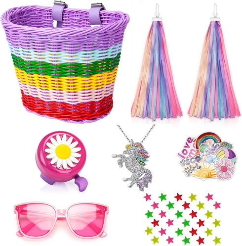Kids Bike Basket for Girls, Handlebar Bicycle Basket with Unicorn Necklace and Bike Decoration Accessories Set