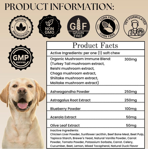Immune Immunity, 90 Turkey Tail Mushroom for Dogs - Organic Support Chews - Buddy Health Guard Mushroom Blend - Boosts