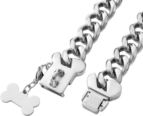 Heavy Duty Stainless Steel Cuban Silver Link Dog Collar, Personalized Dog Tag, for Small Medium Large Dogs