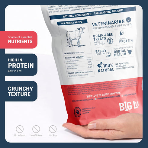 8 oz, 100% Big Lu High-Protein Training Dog Treats, Natural Single-Ingredient Beef Lung Bites, Rich in Glucosamine
