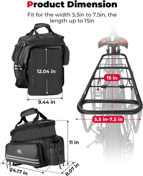 KEMIMOTO Bike Bag, 20L Waterproof Carbon Leather Rear Rack Trunk Bag, Pannier Handbag for Mountain Road Bike