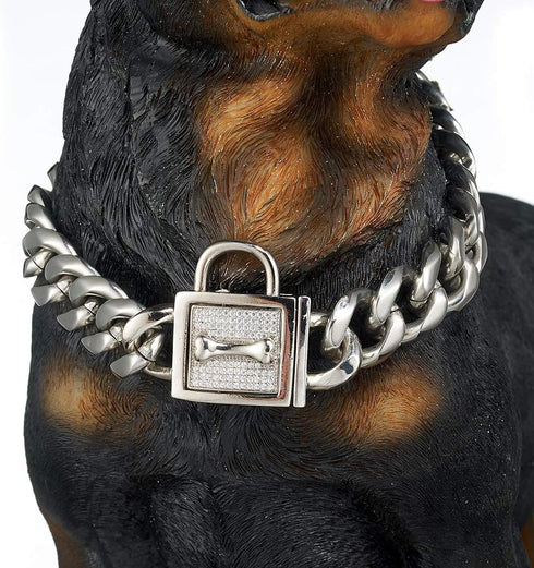 Dog Chain Collar with Cubic Zirconia Locking, High Polished Stainless Steel Cuban Link, 18" for Small Medium Dogs
