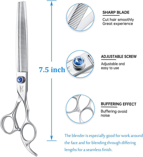 JASON 7.5" 56-Tooth Blending Grooming Scissors - Cats and Dogs Thinning Shears, Blue Jewelled Screw