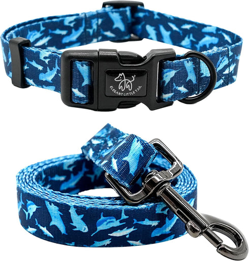 Elegant Little Tail Dog Collar with Leash, Adjustable Shark Print Collar for Small Medium Large Dogs