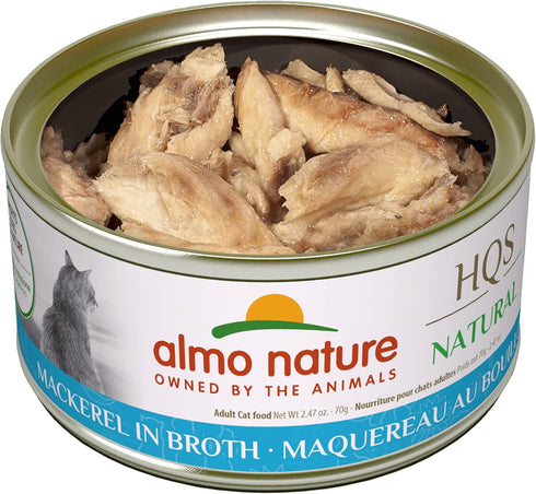 Almo Nature HQS Natural Mackerel, Grain Free, Additive Free, Adult Cat Canned Wet Food, Flaked, 24 x 70g/2.47 oz