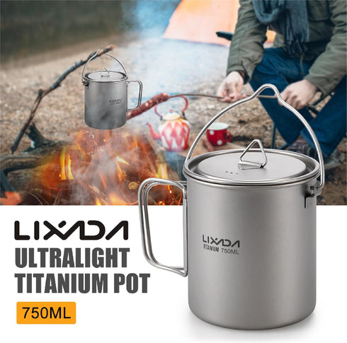 Lixada Ultralight Titanium Water Mug Cup with Lid and Foldable Handle, 750ml Pot for Outdoor Camping Cooking