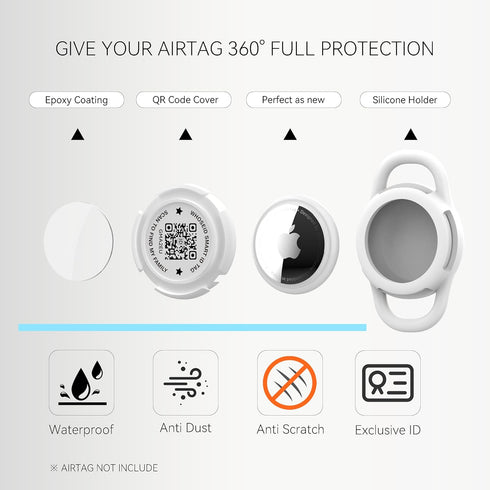 QR Code Airtag Holder, Scan QR Code Send Location Alert Email, Waterproof Full Body Protection Anti-Lost Air Tag Case, Airtag Accessories for Dog, Cats, Collar, Backpack (White, Small)