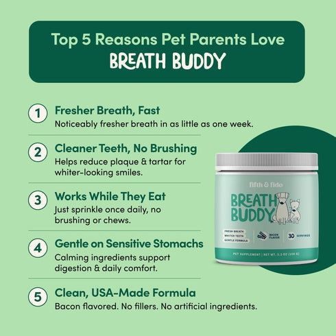 Fifth & Fido Breath Buddy Dog Dental Powder for Teeth Cleaning Cat & Dog Breath Freshener, Helps Remove Plaque