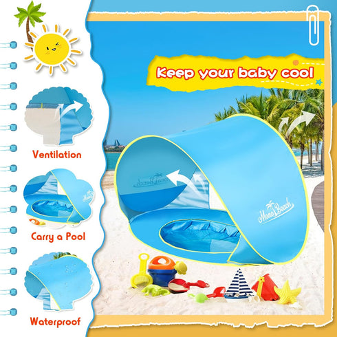 UPF50+ Set Monobeach Baby Beach Tent with Beach Sand Toys Pop Up Portable Shade Pool UV Protection Sun Shelter