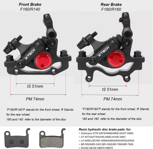 MTB Road XTECH HB-100 - MTB Road Line Pulling Hydraulic Disc Brake Calipers Front & Rear E-BIKE Set