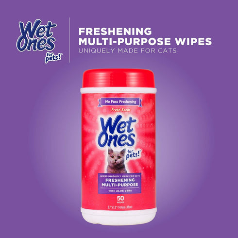 Wet Ones for Pets Freshening Wipes for Cats, 50 Count- 3 Pack, Aloe Vera, Easy to Use Cat Grooming Wipes, Fresh Scent
