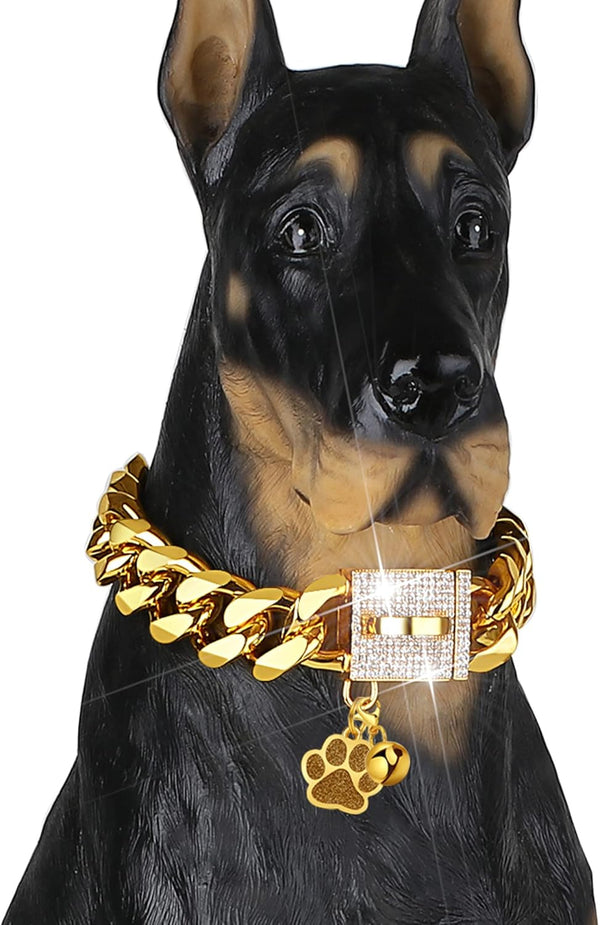 Dog Chain Collar Designer Luxury Gold with CZ Buckle, 19mm Cuban Link Metal Dog Collars for Puppy Small Medium Large