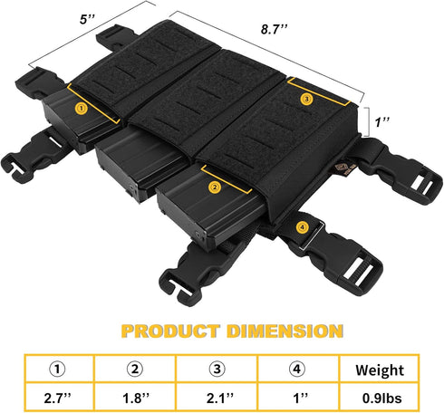 Tactical Triple Mag Pouch - Placard Magazine Panel with Insert Set Clip Holder and Female QASM Buckles