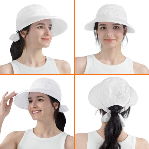 SUN CUBE Women Wide Brim Sun Hat for Outdoor UV Protection, Convertible Zip-Off Beach Hat Ponytail Visor