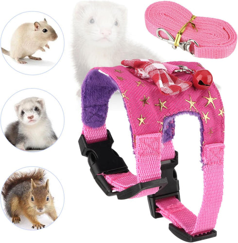 Wontee Small Pet Harness Vest and Leash Set for Gerbil, Guinea Pig, Squirrel, Kitten - M, Pink Star