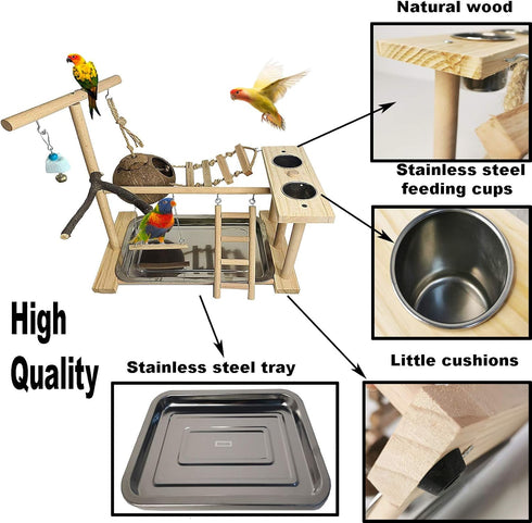 Parrots Playground Bird Play Stand Natural Wood Parrot Perch Gym Playpen Parakeet Nest with Feeder Cups Ladders