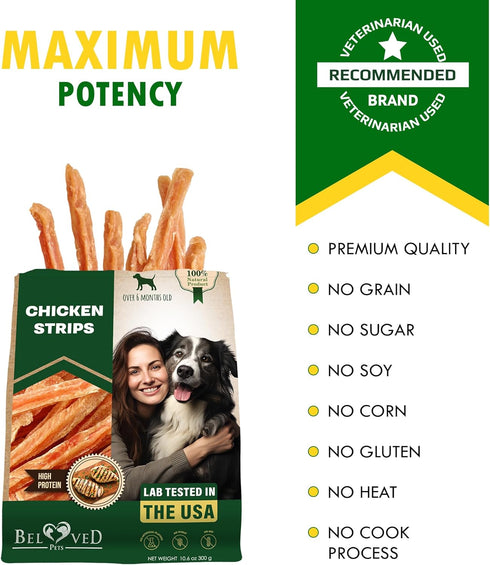 10.6 oz Dog Treats Chicken Jerky Strips - Human Grade Meat Sticks - Natural Pet Dried Snacks Rawhide - Free - Long
