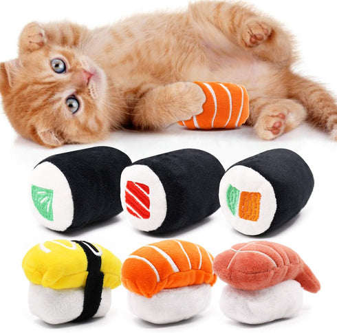 CiyvoLyeen 6 Pack Sushi Cat Toys with Catnip, Sushi Roll Pillow for Boredom Relief and Teeth Cleaning