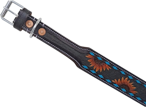 Leather Dog Collar, Western Style, Heavy Duty Hand Tooled Sunflower, Adjustable Padded Soft with Turquoise Buckstitch