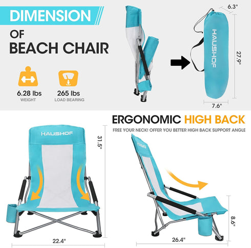 HAUSHOF High Back Beach Chair, Mesh Back Folding Chair, Lightweight Low Seat Camping Chairs with Cup Holder, Carry Bag