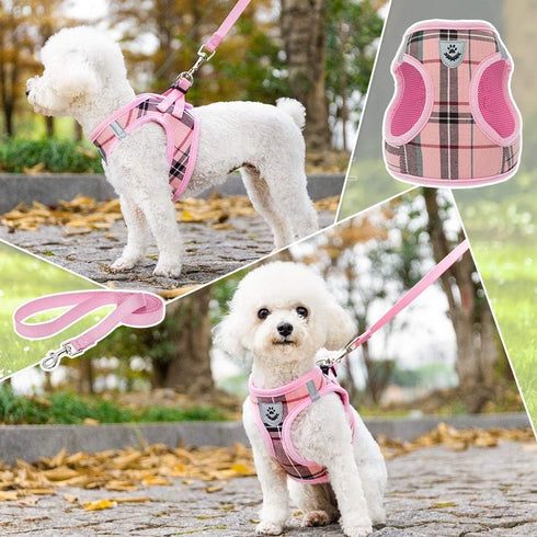 KOOLTAIL Small Dog Harness and Lead Set - Soft Mesh Plaid Puppy Harness with Safety Buckle, Adjustable & Comfortable