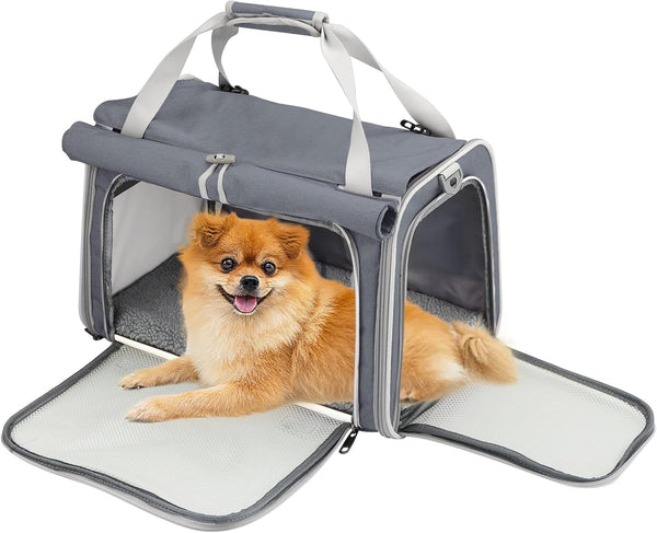 Texsens Pet Carrier - Soft-Sided Cat Carrier for Small/Medium/Large Cats & Puppies Up to 16 lbs, TSA Approved (Grey)