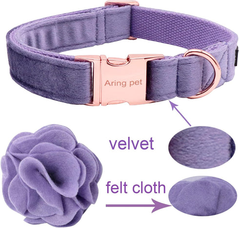 ARING PET Velvet Dog Collar, Purple with Detachable Felt Flower, Adjustable Soft Collar for Dogs