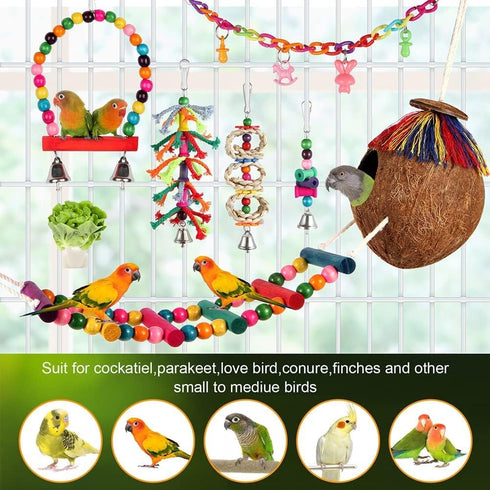 Bird Toys 17 Pcs Hanging Chewing Toys, Climbing Ladder Coconut Bird Cage Toys for Cockatiels, Conures, Finches, Budgies
