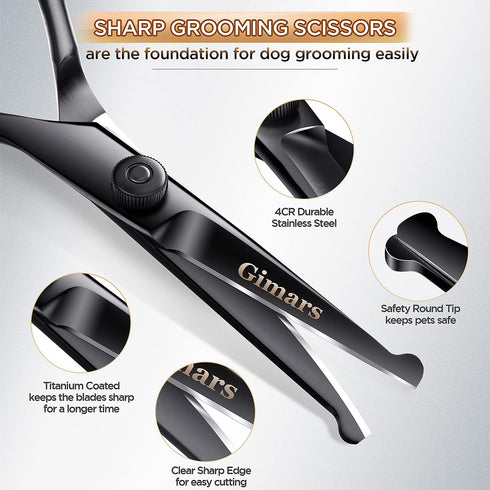 Gimars Professional 4CR Stainless Steel 6 in 1 Grooming Scissors for Dogs, Safety Round Tip, Heavy Duty