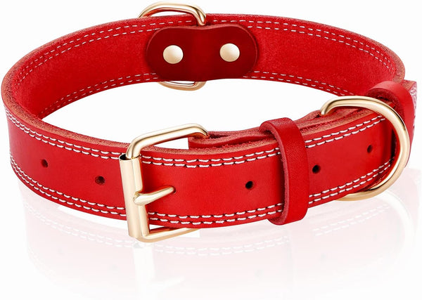 Genuine Leather Dog Collar, Heavy Duty Wide Collar for Small, Medium, Large, Extra Large Dogs (S: 0.8" Wide, Red)