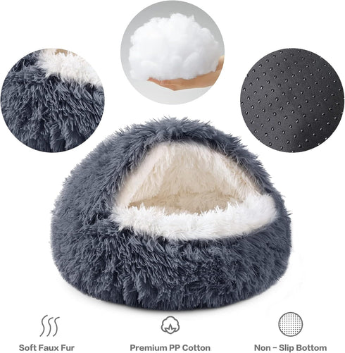 NOYAL Round Hooded Plush Dog Bed, Anti-Anxiety Fluffy Donut Cave for Small Medium Dogs and Cats