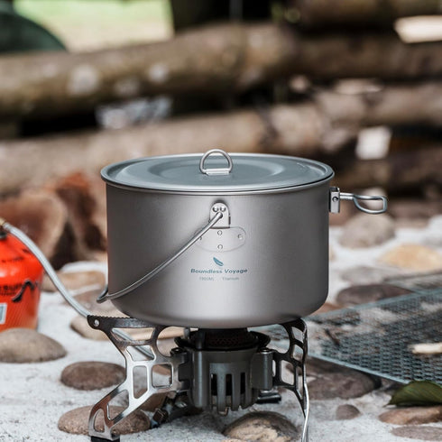 iBasingo Outdoor Titanium Pot with Lid, Folding Handle Camping Cookware for Hiking Picnic, Ultralight Bowl Tableware