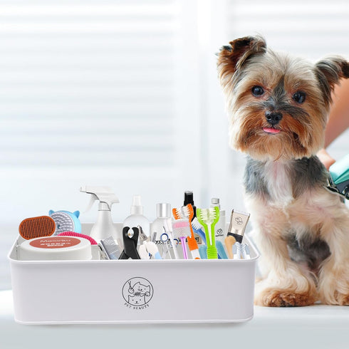 4-Compartment Premium Dog Grooming Organizer,Metal Caddy for Pet Stuff with Handle-Powder Coated Storage Bin for Dog