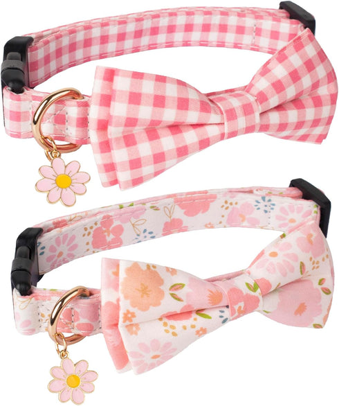 ADOGGYGO Pink Floral Dog Collar with Bow, Adjustable Pink Plaid Collars for Small Medium Large Girls Dogs (Medium, Pink)