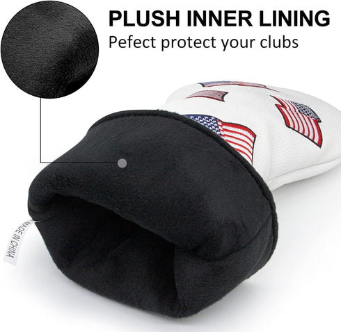 US Flag Patriotism Golf Club Head Covers, White for Driver and Fairway Woods, Synthetic Leather Set