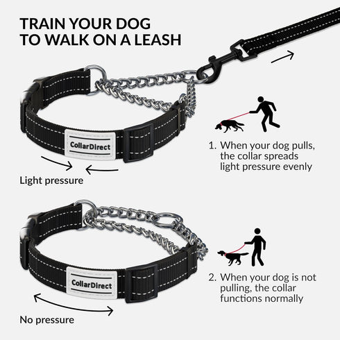 CollarDirect Martingale Dog Collar, Stainless Steel Chain and Quick Release Buckle, Reflective Collar for Dogs, Black