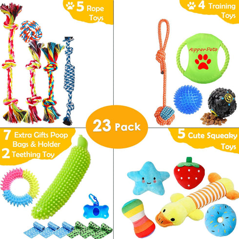Dog Puppy Toys 23 Pack - Puppy Chew Toys for Fun and Teeth Cleaning - Squeak Toys and Tug of War Toys