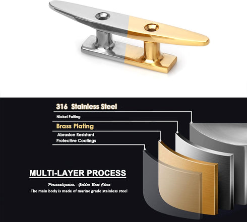 YUSOVE 4 Inch Brass Color Boat Cleats, Gold 316 Stainless Steel Open Base Cleat for Marine Applications, Pack of 2