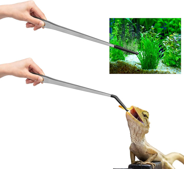 2 Pcs Extra Long Stainless Steel Reptile Feeding Tongs - Rubber Tip Bearded Dragon Aquarium Tweezer Tool (Silver, 18.5