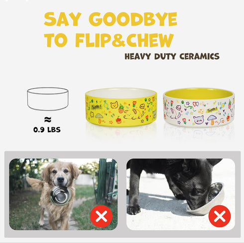 Cute Small Dog Bowl Set - Ceramic Water and Food Bowls for Small Pets, Heavy Cat Bowls, Dishwasher Safe, Green & White