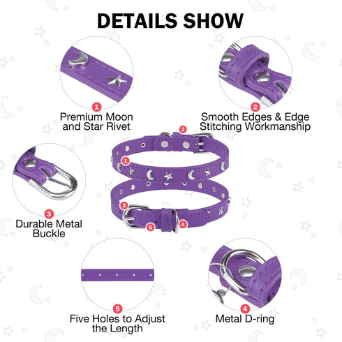 Adjustable Leather Dog Collar for Small Medium Dogs, Star Moon Rivet Studded with Rust-Proof Metal Buckle, XS S