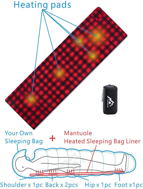 Heated Sleeping Bag Pad, Heated Sleeping Bag Liner with Type-C Input, 5 Heating Zones, Black & Red Flannel