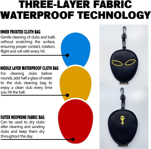 Golf Club Cleaner & Ball Cleaning Bag - Three-Layer Waterproof Technology with Removable Clips