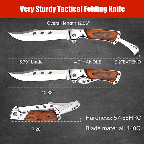 MADSABRE Tactical Folding Knife with Rosewood Handle and Sheath,Foldable Long Blade 12.7-in Outdoor Pocket EDC Hunting Survival Tool, Big Blade Fishing Camping Knives Gifts for Men by MADSABRE