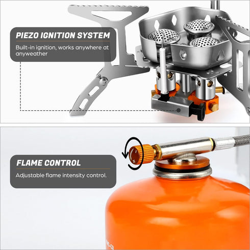 Odoland 6800W Windproof Camp Stove, Camping Gas Stove with Windscreen, Piezo Ignition, Carry Case for Outdoor