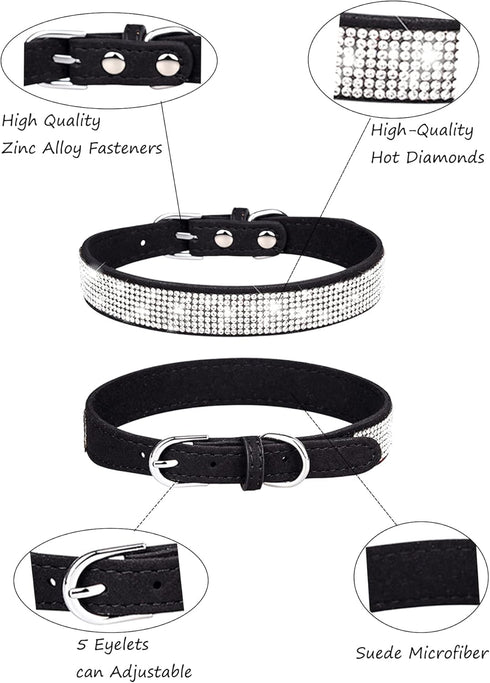 Dog Collar for Medium Dogs, Adjustable Leather Suede Bling Collar with Rhinestones - Black