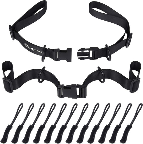 Wisdompro 2 Pack Heavy Duty Adjustable Backpack Chest Straps with 12 Pieces Zipper Pulls - Black