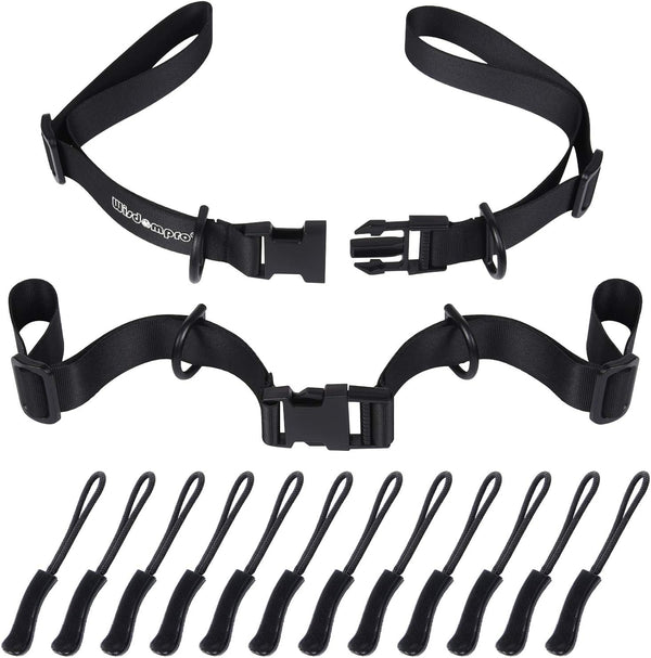 Wisdompro 2 Pack Heavy Duty Adjustable Backpack Chest Straps with 12 Pieces Zipper Pulls - Black